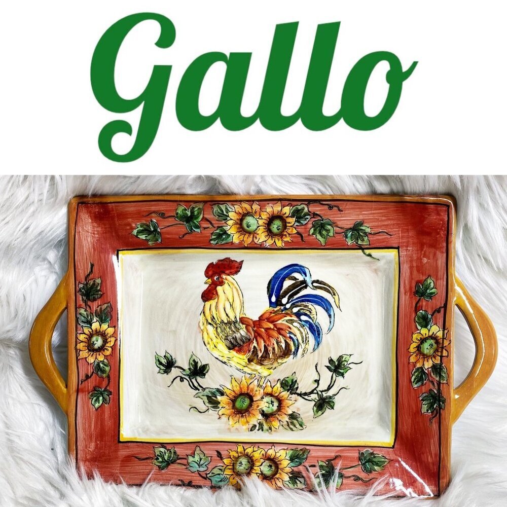 GALLO Handpainted Colorful Glossy Rooster Serving Platter With Handles Farmhouse